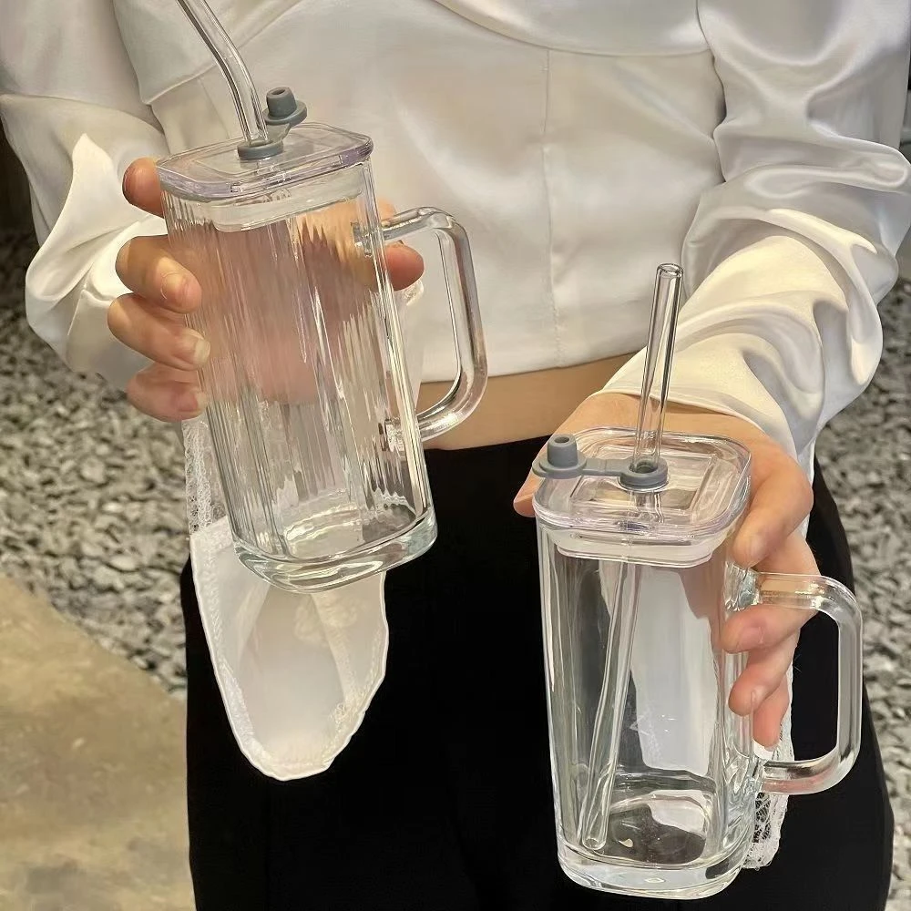 ins简约带把条纹吸管高颜值咖啡杯牛奶水杯饮料家用带盖玻璃杯
