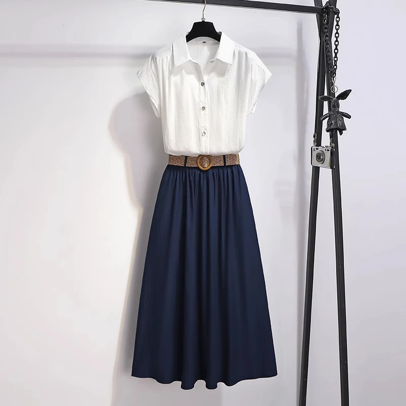 拉夏贝尔白色衬衫后妈裙女夏季2025新款流行的夏日裙子套装两件套