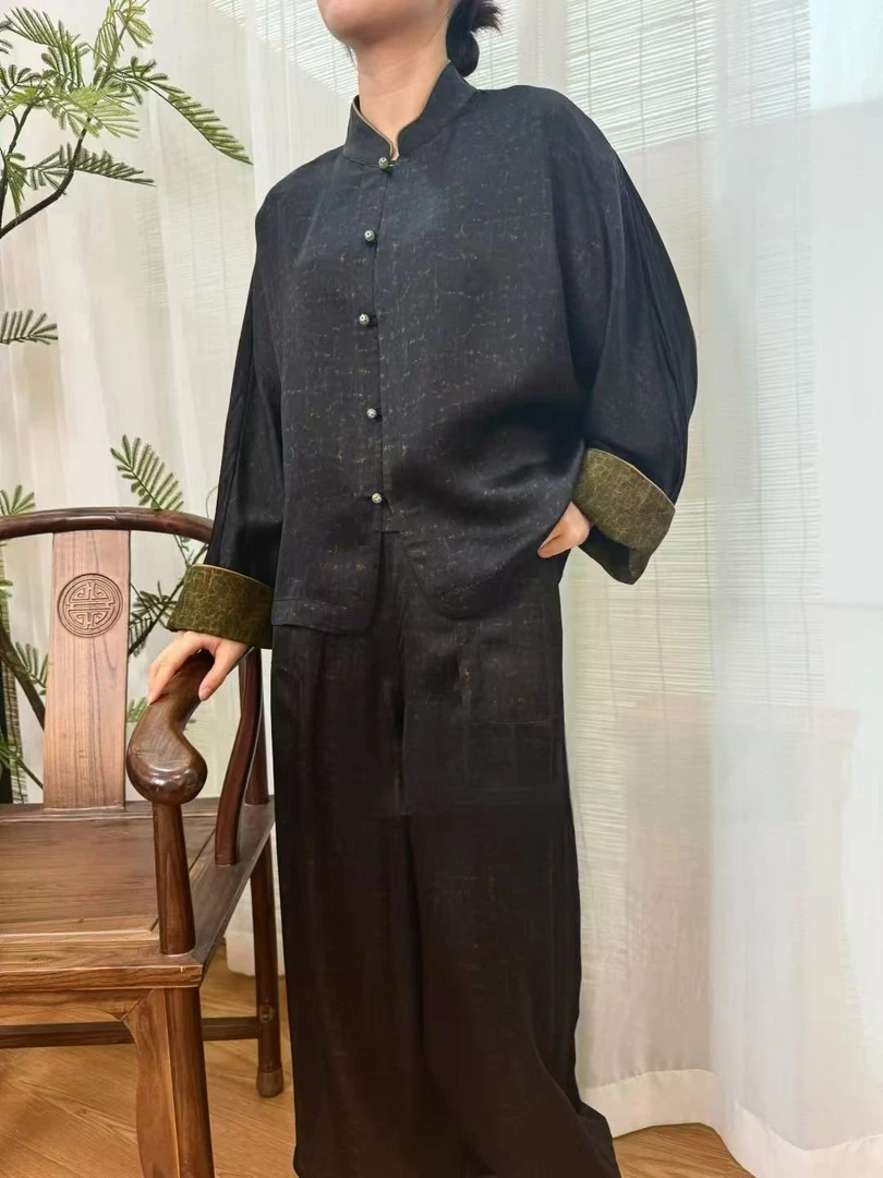 黑皮子/荷叶领立领开襟女圆领时尚套装唐装休闲