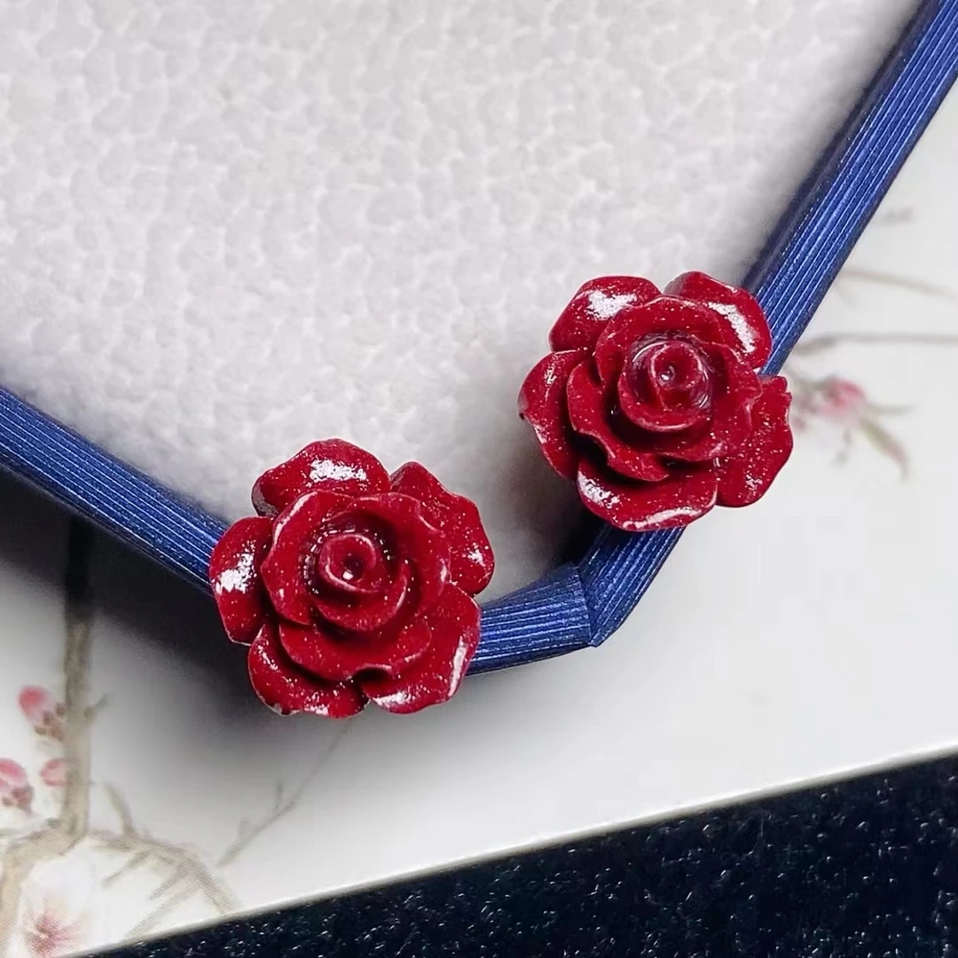 含辰砂工艺品高含量朱砂原创紫金砂，红砂，玫瑰花，雪莲花耳钉