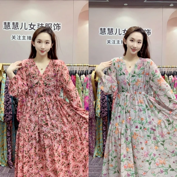 2025夏季新款法式减龄时尚大码碎花中间抽绳显瘦防晒女装连衣裙