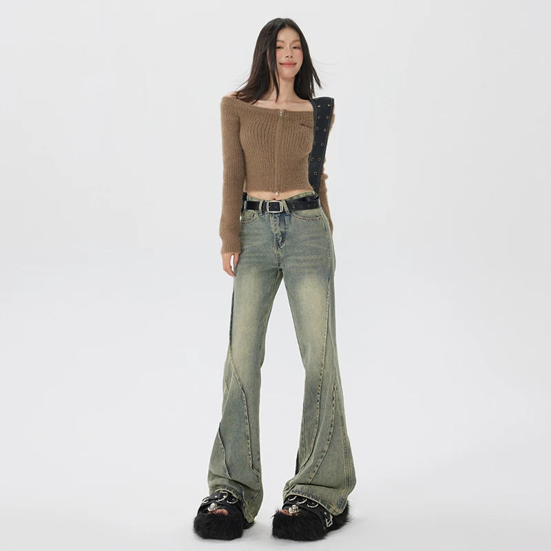 2025夏装清凉@微喇拼接泥黄牛仔裤男女中性风情侣长裤