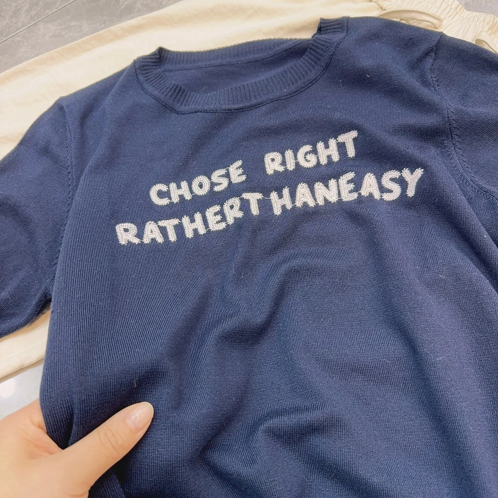 /简约/圆领字母短袖针织衫女宽松显瘦上衣93227