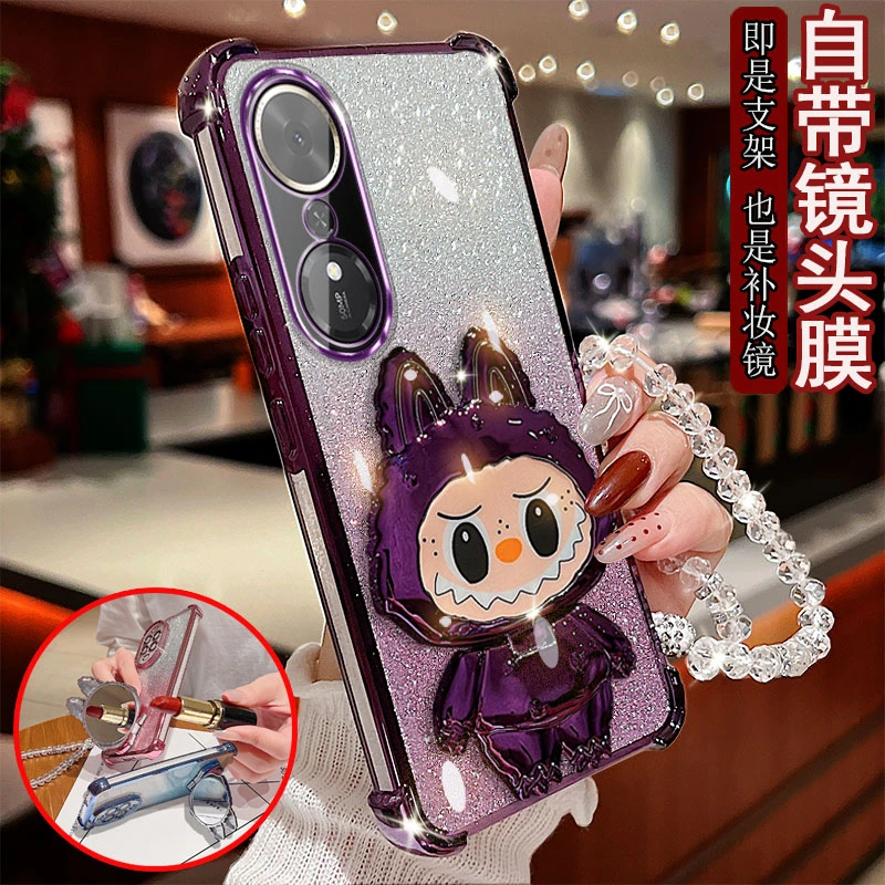 适用荣耀畅玩70plus手机壳LOG-ANOO新款可爱网红精灵支架带化妆镜