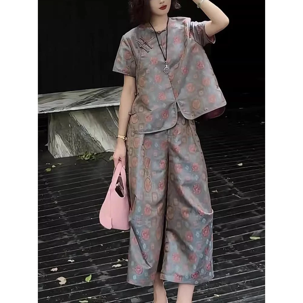 2025新款夏日绝美穿搭宽松新中式国风盘扣印花上衣阔腿裤两件套装