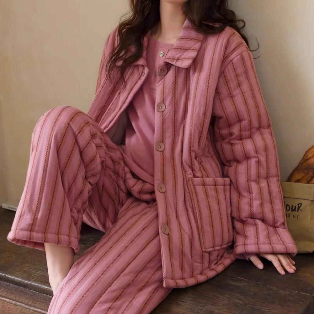 族玛士睡衣女2025新款冬季简约条纹纯棉加厚加绒高级感家居服套装