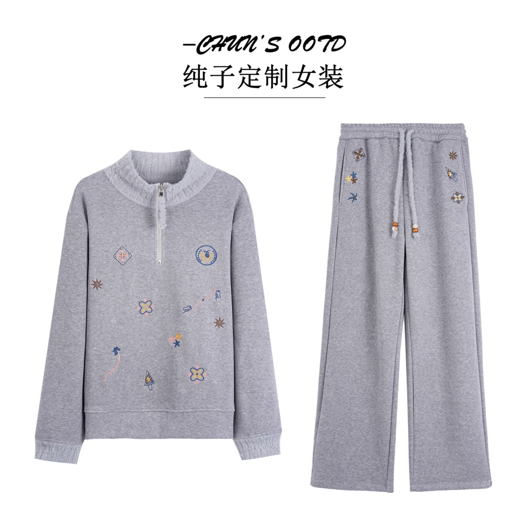 秋冬运动风加绒保暖绣花卫衣+加绒长裤两件套【16665C】