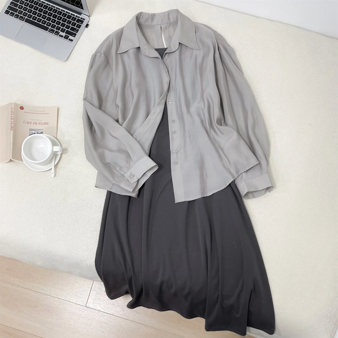 韩版简约范宽松气质显瘦衬衫+小香风吊带裙两件套