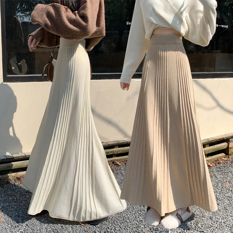 2025秋冬新款长裙半身裙韩版高腰A字裙慵懒百褶裙大摆伞裙子