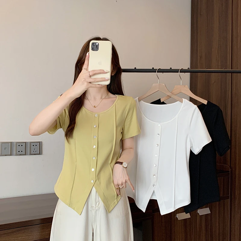 【涵胖胖】胖mm大码女休闲减龄圆领开叉正肩显瘦短袖T恤A1849【B】