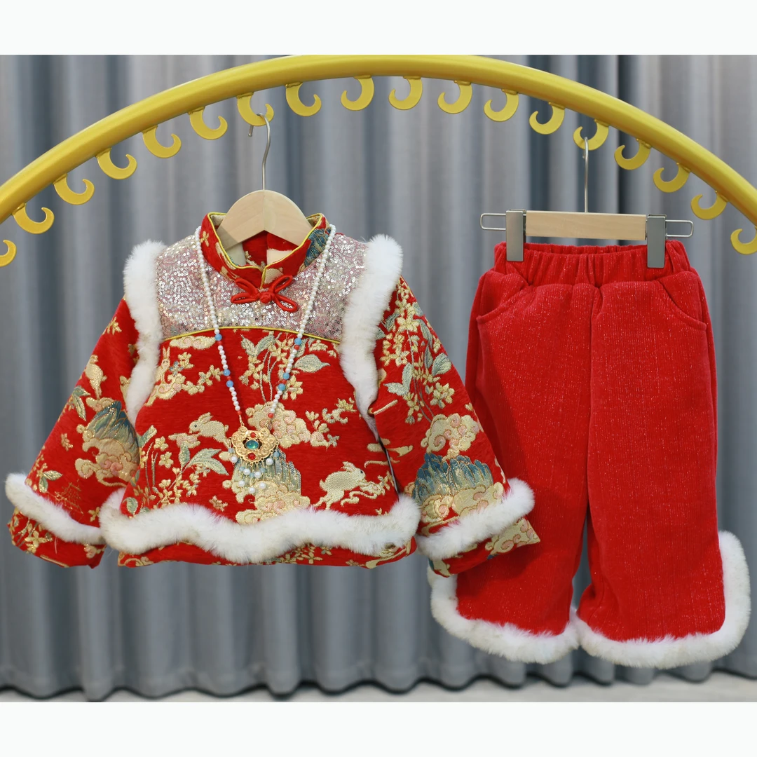 拜年服女童国风加绒套装儿童汉服喜庆新年套装宝宝新中式唐装