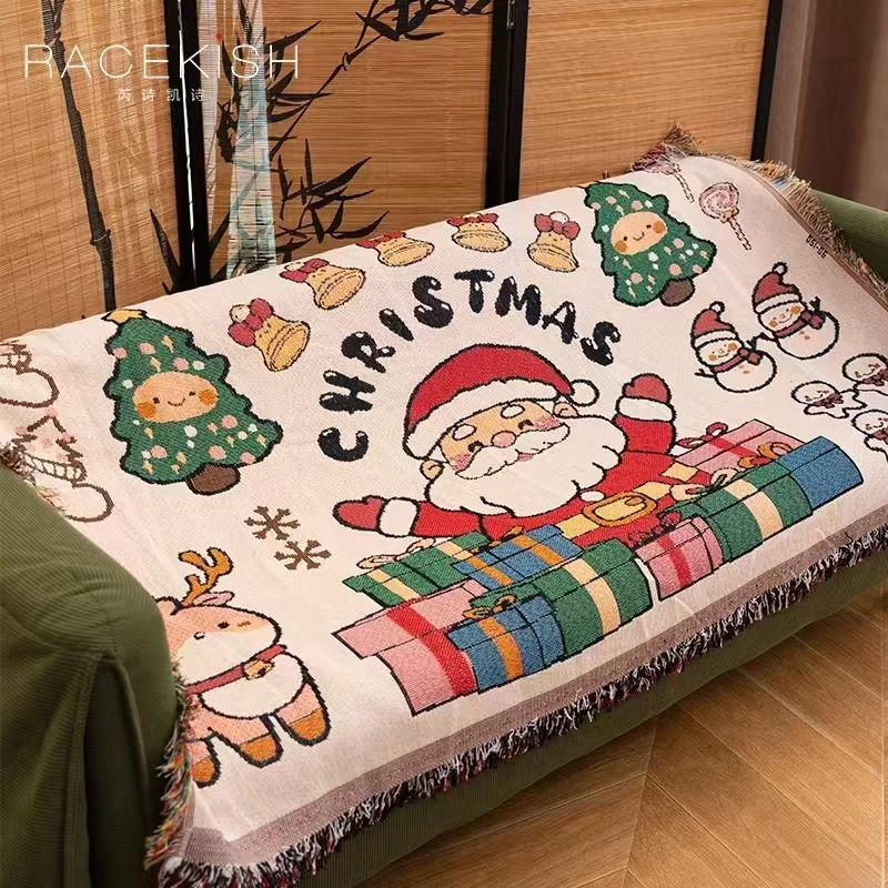 【微瑕】圣诞老人-灰白色纱布四季流苏沙发巾90*90cm