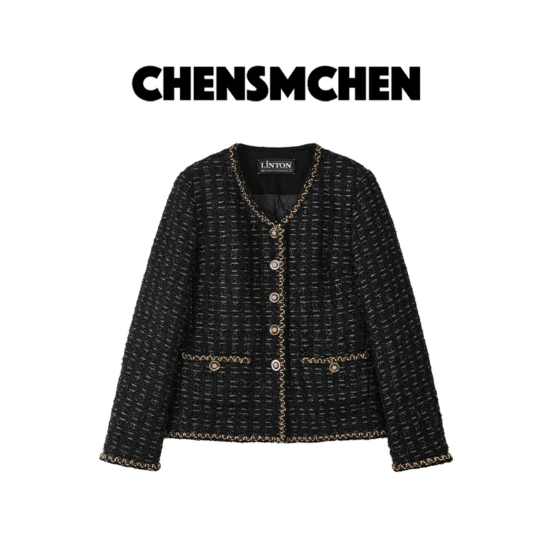 CHENSMCHEN 进口LINTON粗花呢小香鹅绒外套时尚优雅上衣CSW9255MX