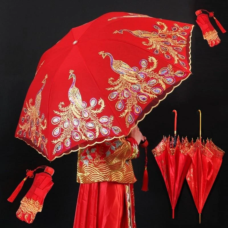 创意结婚礼纪新娘雨伞三折伞短柄女晴雨两用伞新人陪嫁蕾丝红直伞