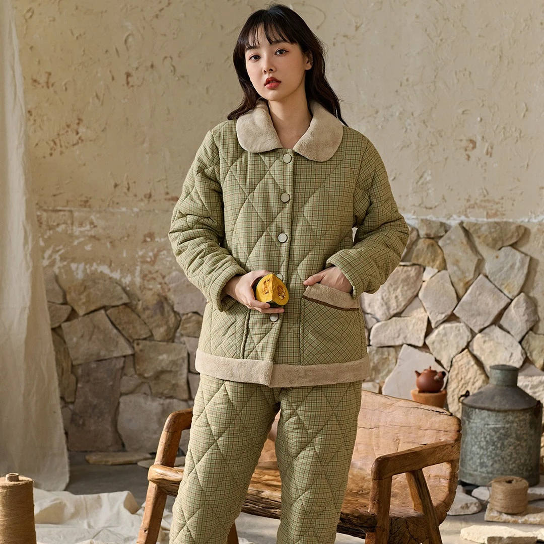 安家女士冬季纯棉梭织磨毛三层加厚夹棉保暖翻领格子家居服套装