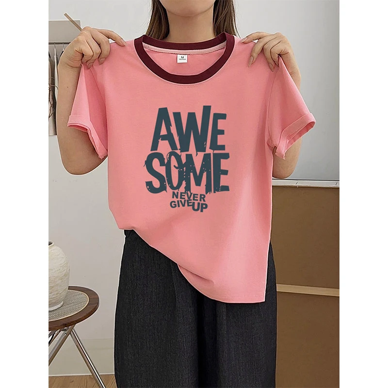 拼色圆领正肩短袖t恤女装时尚洋气百搭休闲减龄粉色上衣打底衫夏