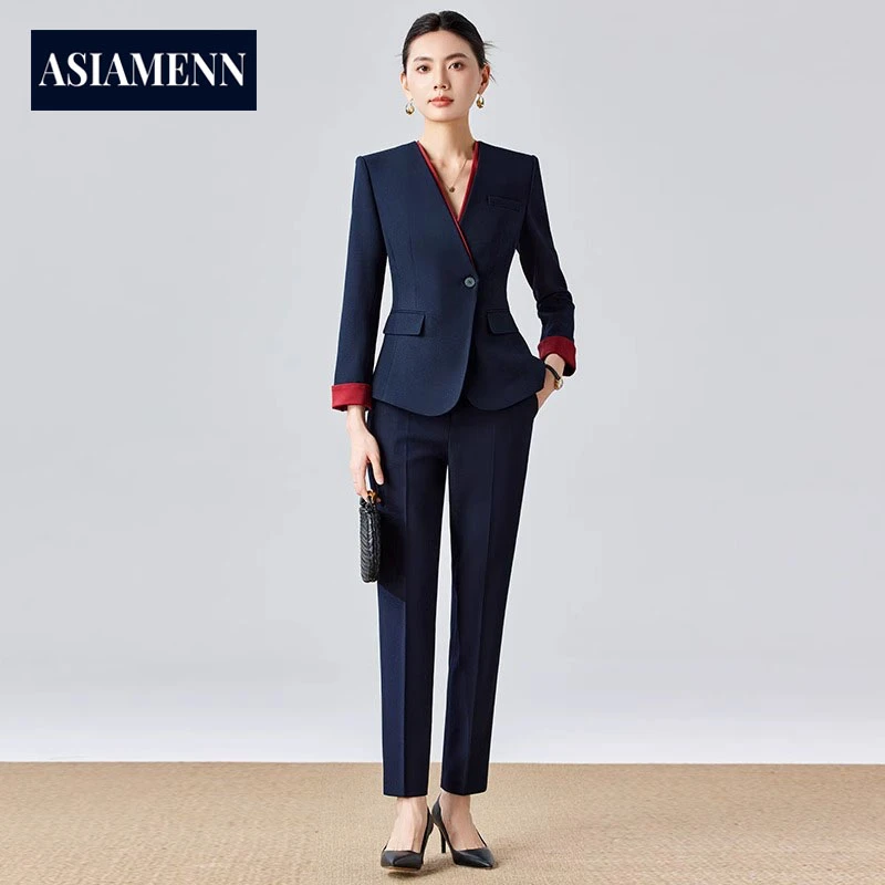 职场西装套装女藏青色拼红西服空姐制服OL气质高端酒店经理面试服