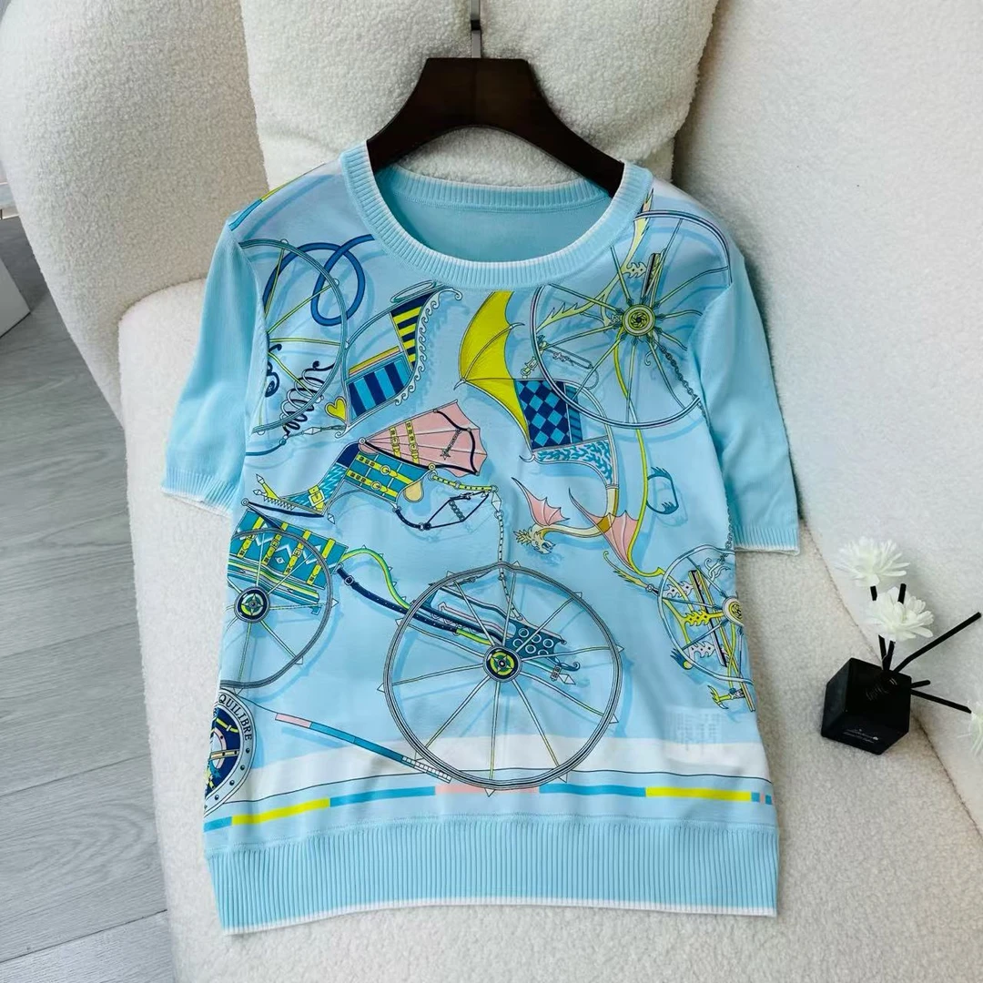 【2024夏宝帆船】拼接夏爽丝针织 短袖上衣SS 24083