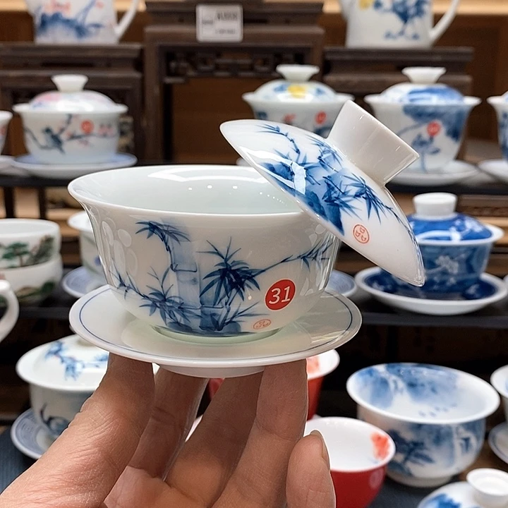 手绘微瑕竹子盖碗