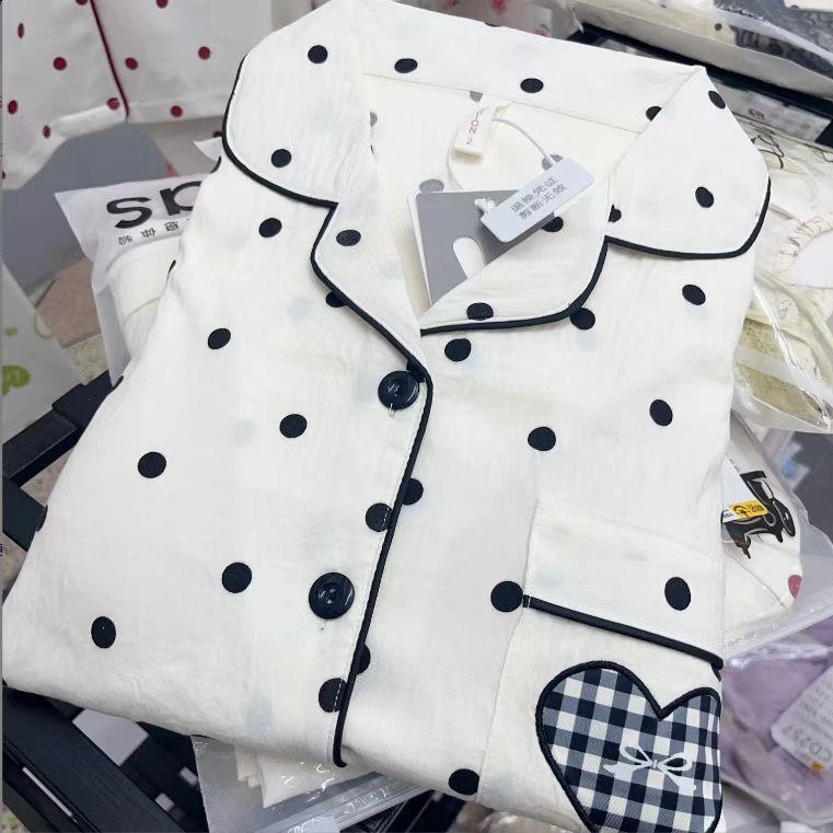 【R526】夏款黑色波点短袖短裤+长裤三件套+胸垫【开衫款】