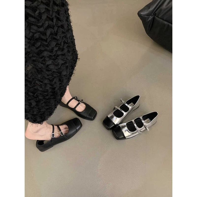 潮牌法式复古银色玛丽珍鞋小皮鞋平底鞋夏季新款一字带单鞋女鞋子