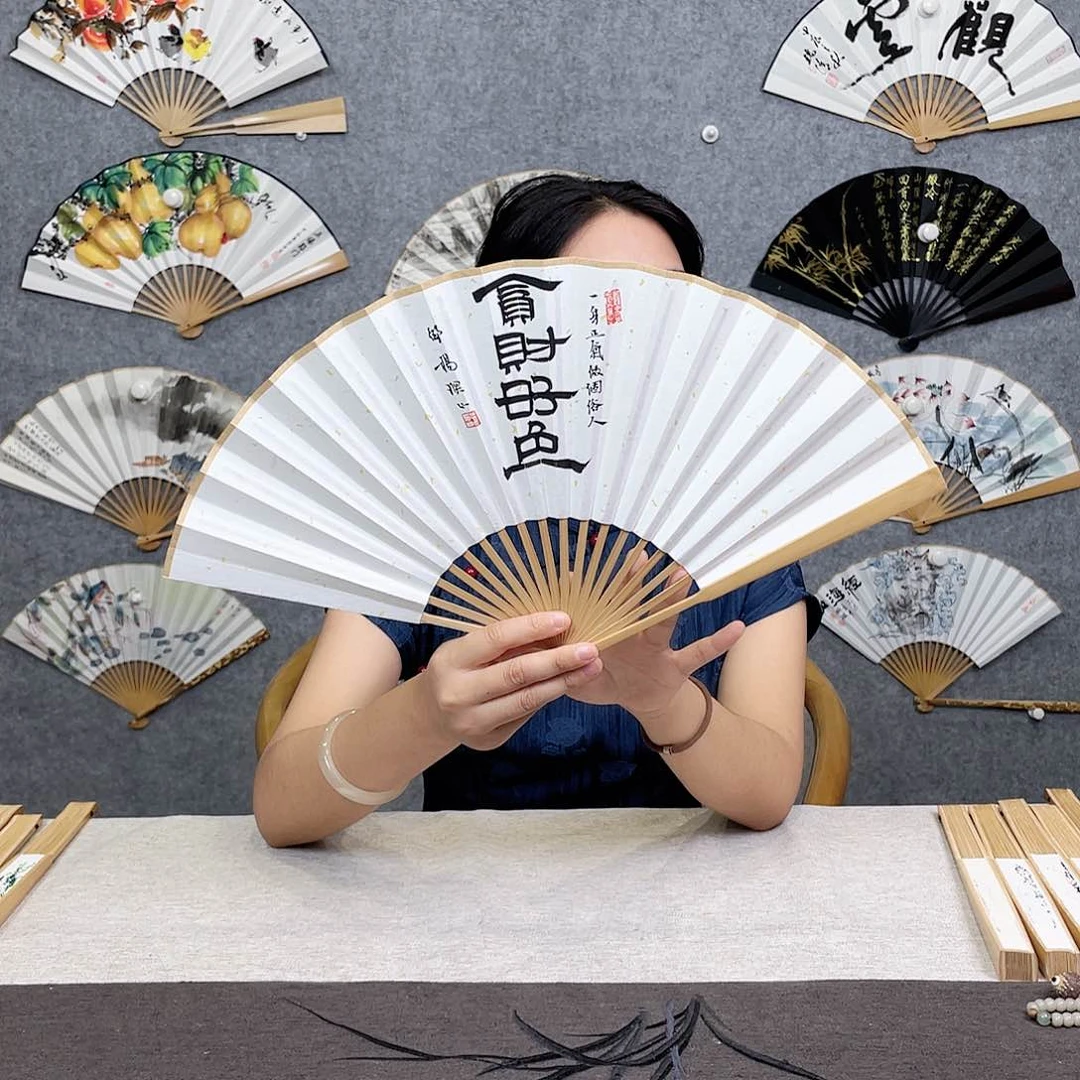 国画8寸玉竹-纯手绘-文玩扇骨（默认粘好）贪财好色