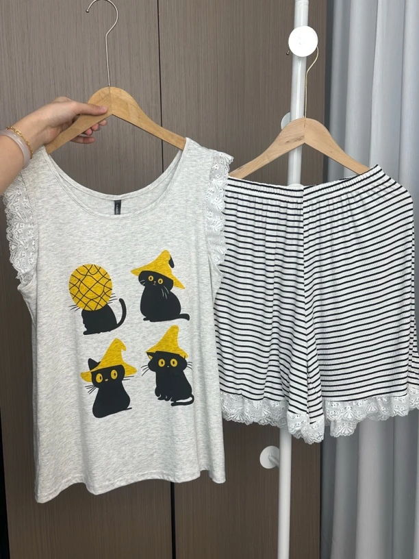 草帽小猫背心睡衣女夏季莫代尔家居服带胸垫凉爽可外穿套装224