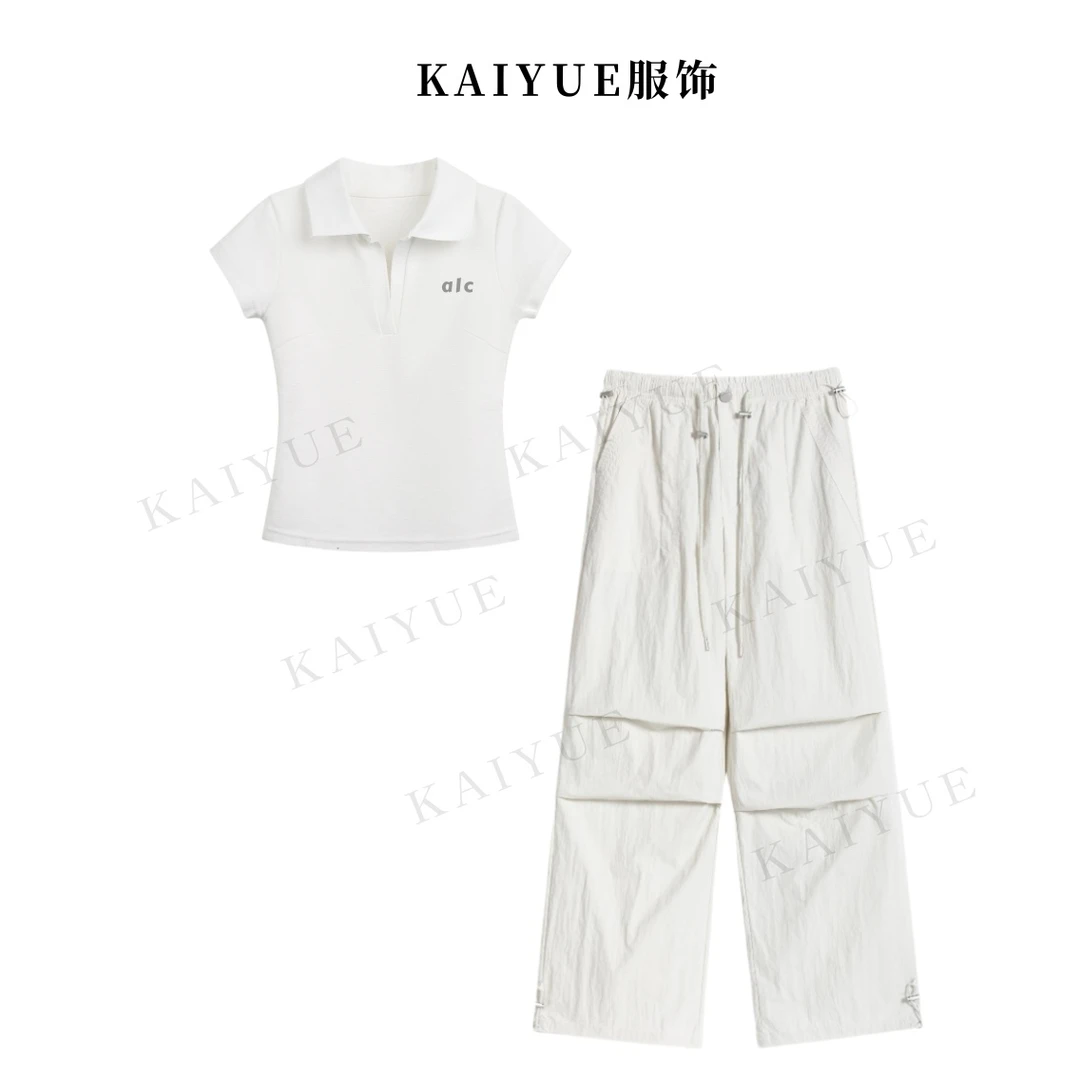 【天空爱恋】白色polo领短袖上衣防水工装裤休闲时尚纯色干净套装