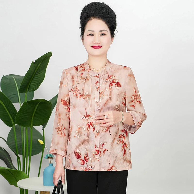 雅鹿夏装新款七分袖雪纺衫时尚休闲妈妈上衣洋气中老年小衫B25808