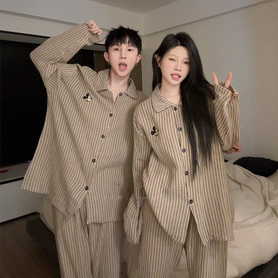 情侣韩版ins风睡衣女条纹米奇男士宽松休闲甜美风气质家居服套装