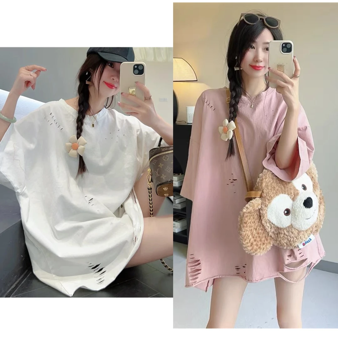 YY1727夏季新款韩版做旧破洞大版宽松显瘦个性短袖T恤女