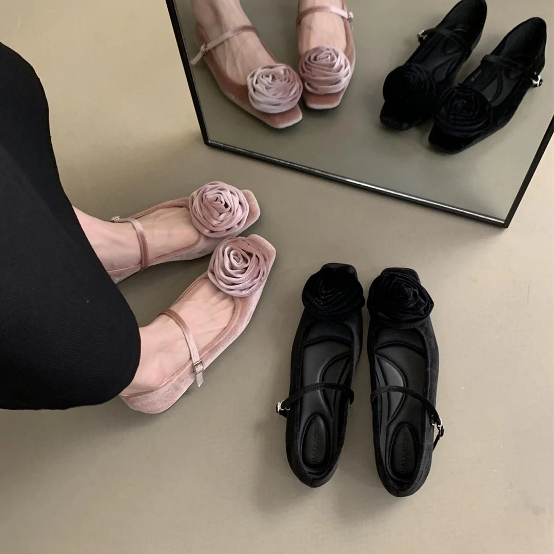 女士浅口单鞋女春秋新款韩版法式晚风气质仙女绒面软平底玛丽珍鞋