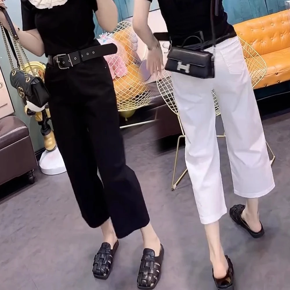 小个子直筒牛仔裤女春秋弹力大码高腰胖mm宽松显瘦休闲九分阔腿裤