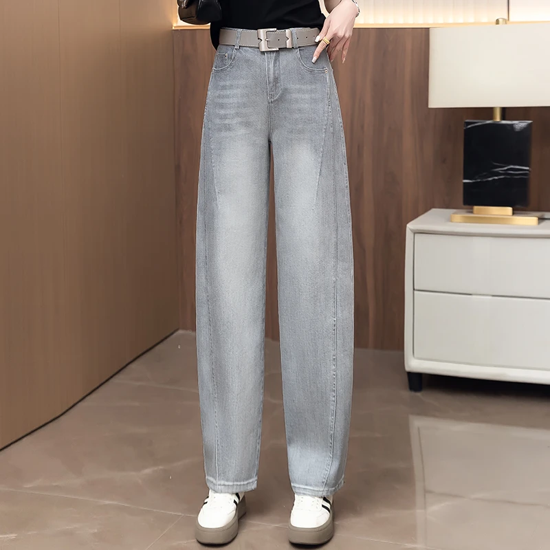 夏季高腰薄款弯刀直筒裤女2025新款小个子垂坠感阔腿裤牛仔裤通勤
