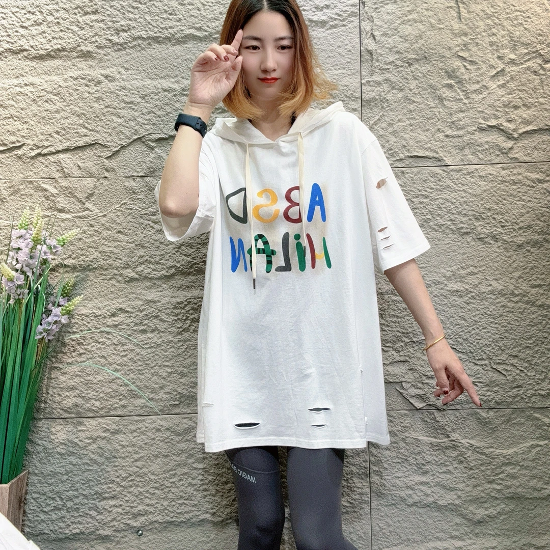 YXR2568夏季印花T恤短袖休闲风大版破洞款宽松百搭连帽 韩版