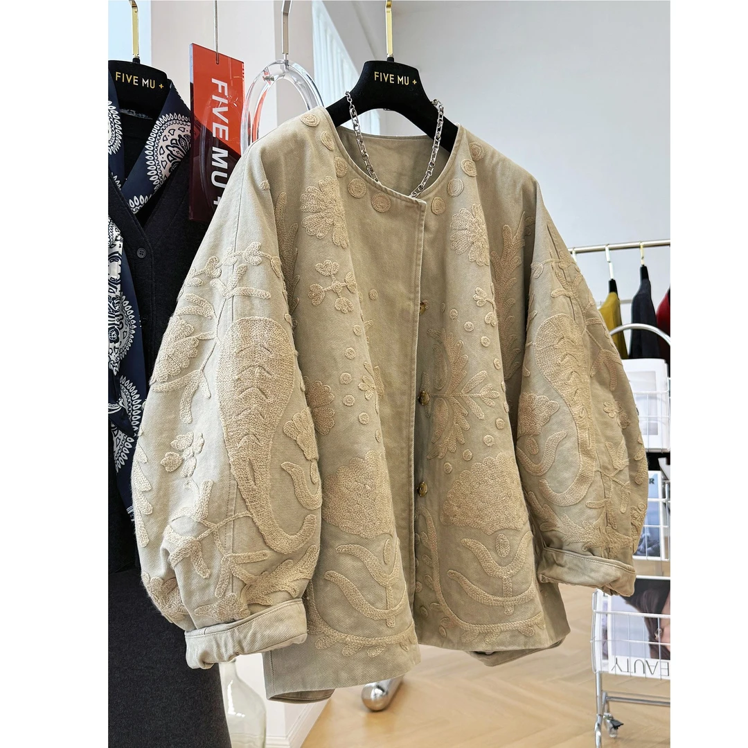 超大码300斤高级感刺绣蝙蝠袖风衣外套男女秋季宽松圆领工装夹克2