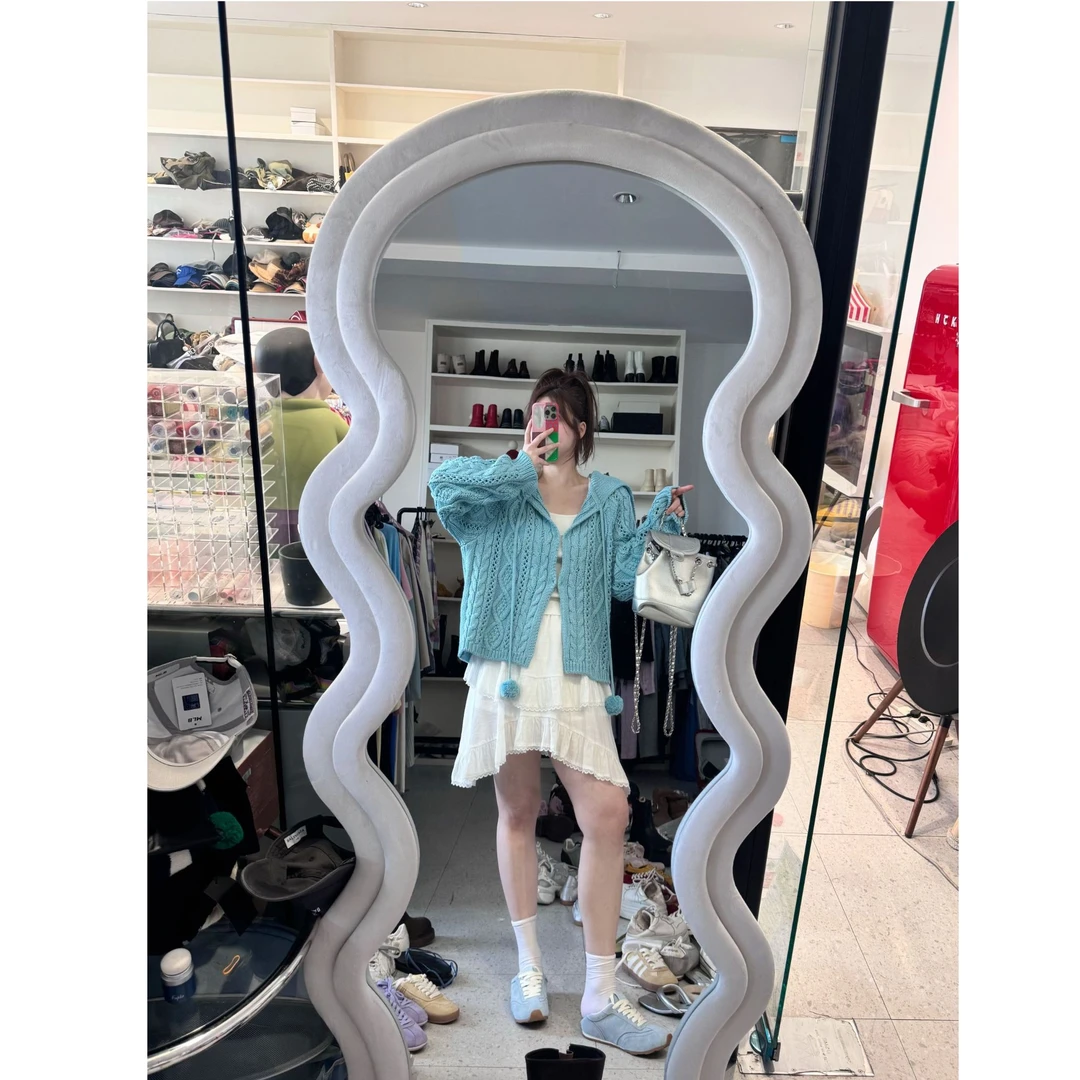 晶咕【云朵绵绵】纯色大翻领系带麻花镂空单排扣针织开衫外套