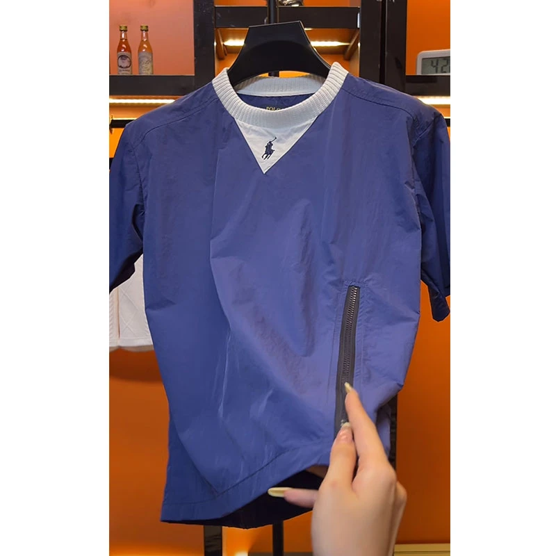欧货轻奢高定大牌男装上衣2025夏季新款设计感刺绣拉链宽松体恤潮