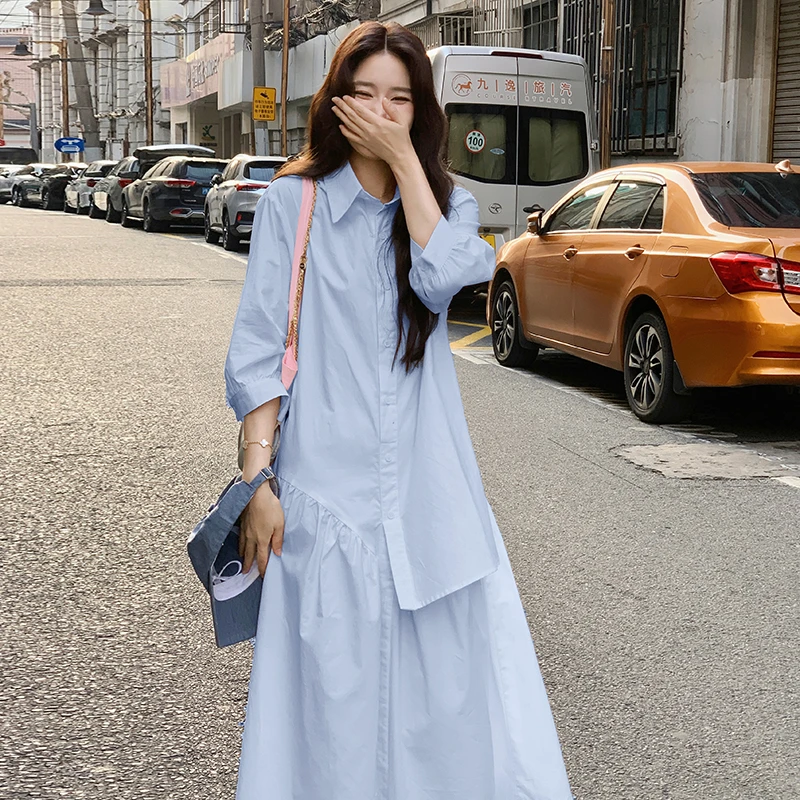 韩系设计感蓝色衬衫裙女2025春夏新款ins风宽松休闲中长款连衣裙