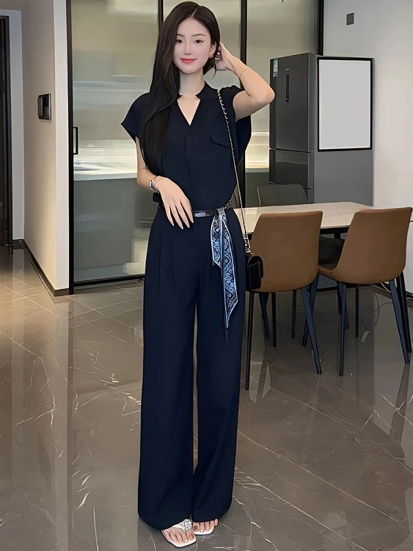 夏季新款大码洋气气质减龄V领百搭时尚胖MM上衣+阔腿裤显瘦套装