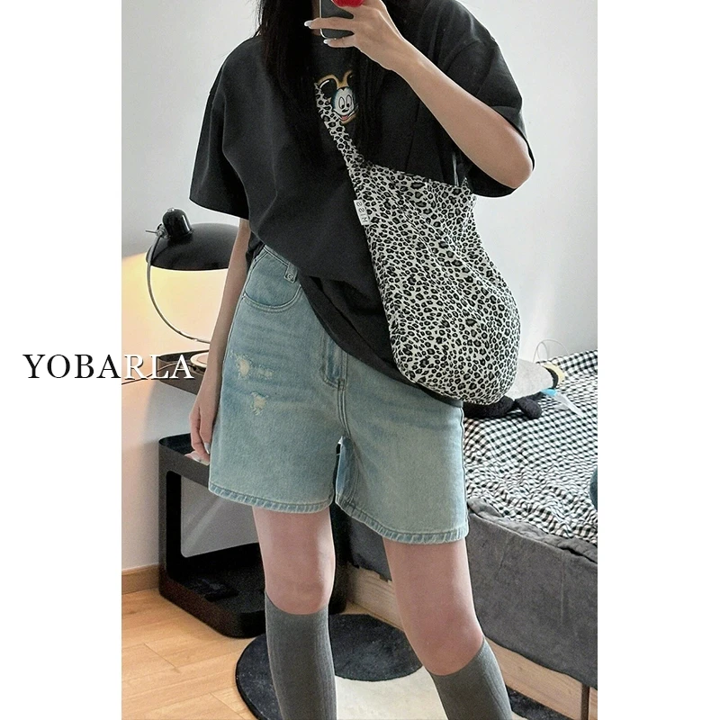 浅色破洞牛仔短裤女高腰秋冬新款大码宽松显瘦梨形身材阔腿裤3710