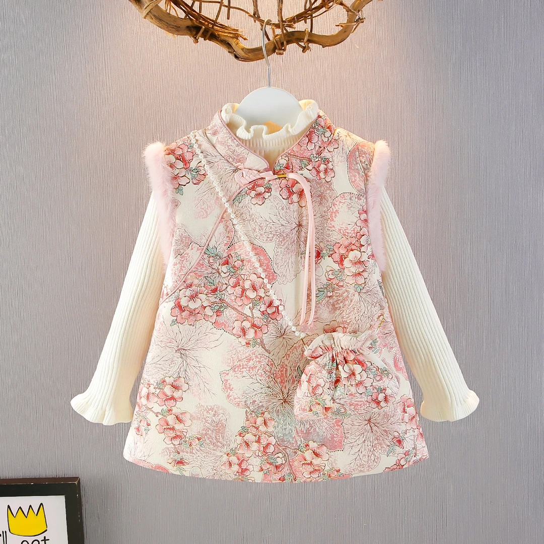 女童两件套套装民族风旗袍儿童毛衣针上衣织背心裙连衣裙3-6岁宝