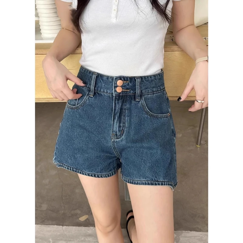 深蓝色阔腿牛仔短裤女薄款2025夏季新款宽松显瘦百搭高腰a字热裤