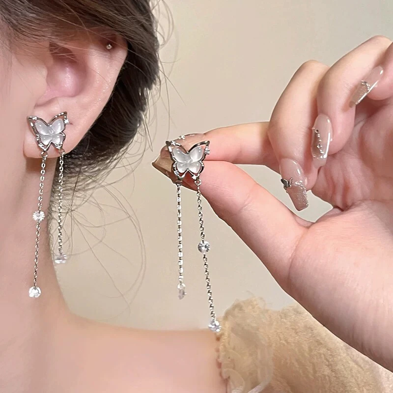 铜合金耳饰蝴蝶长款流苏耳夹轻奢高级感网红耳环无耳洞耳夹耳饰
