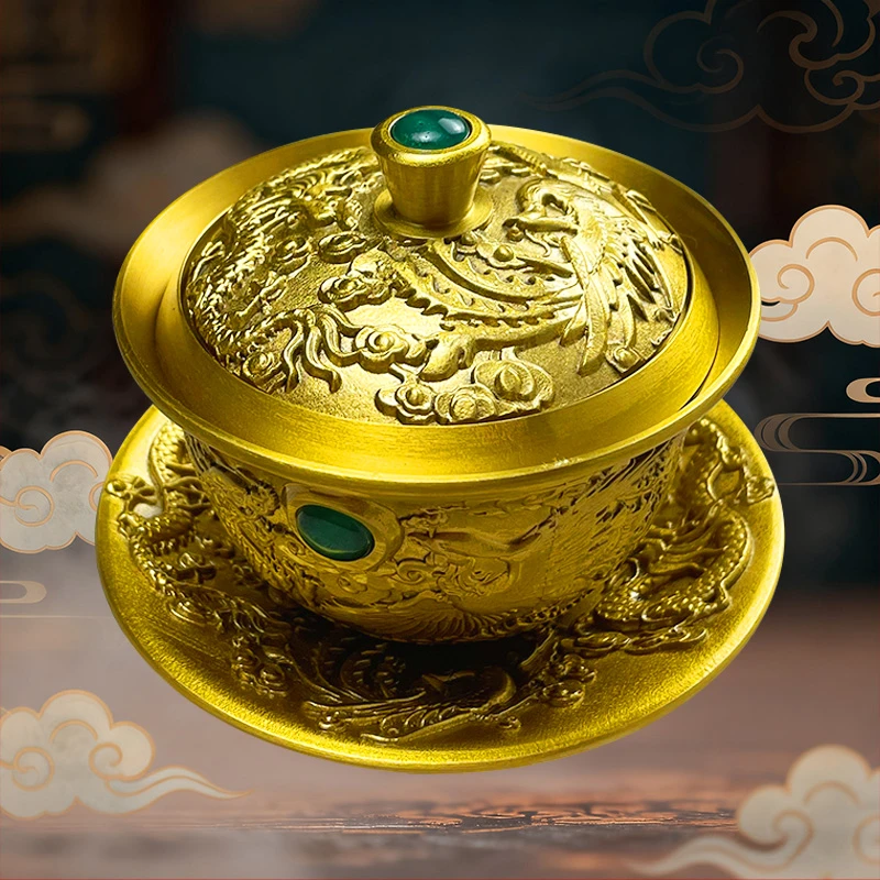 黄铜龙凤呈祥镶绿宝石茶盖碗三件套旋转茶盖茶具摆件