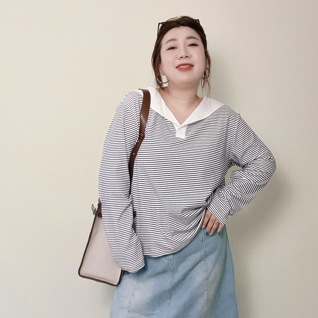 针织长袖毛条纹套头拼接海军领秋季显瘦女款上衣百搭打底衫针织衫