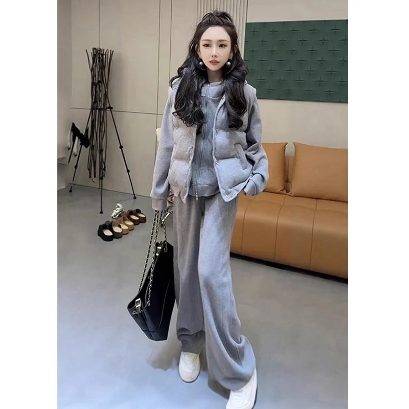 休闲运动套装女2025秋冬加绒加厚新款时尚高端妈妈马甲三件套宽松