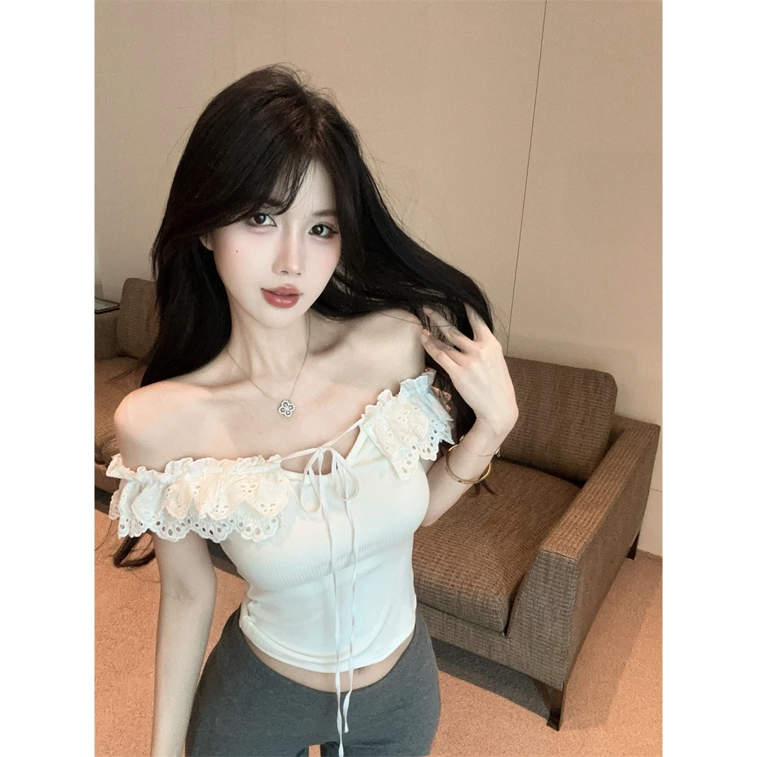 小众甜美风一字肩花边拼接系带衬衫女韩版百搭设计感修身露脐上衣