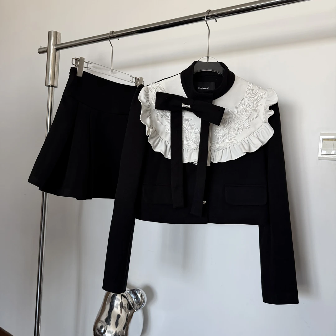 cc小众设计【黑白格调】毛呢小个子长袖设计感小香风套装轻奢