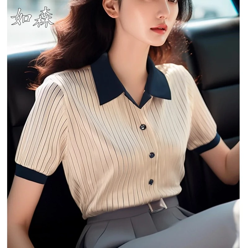 时尚优雅通勤风条纹POLO领短袖衬衫女夏季新款洋气绝美减龄小上衣